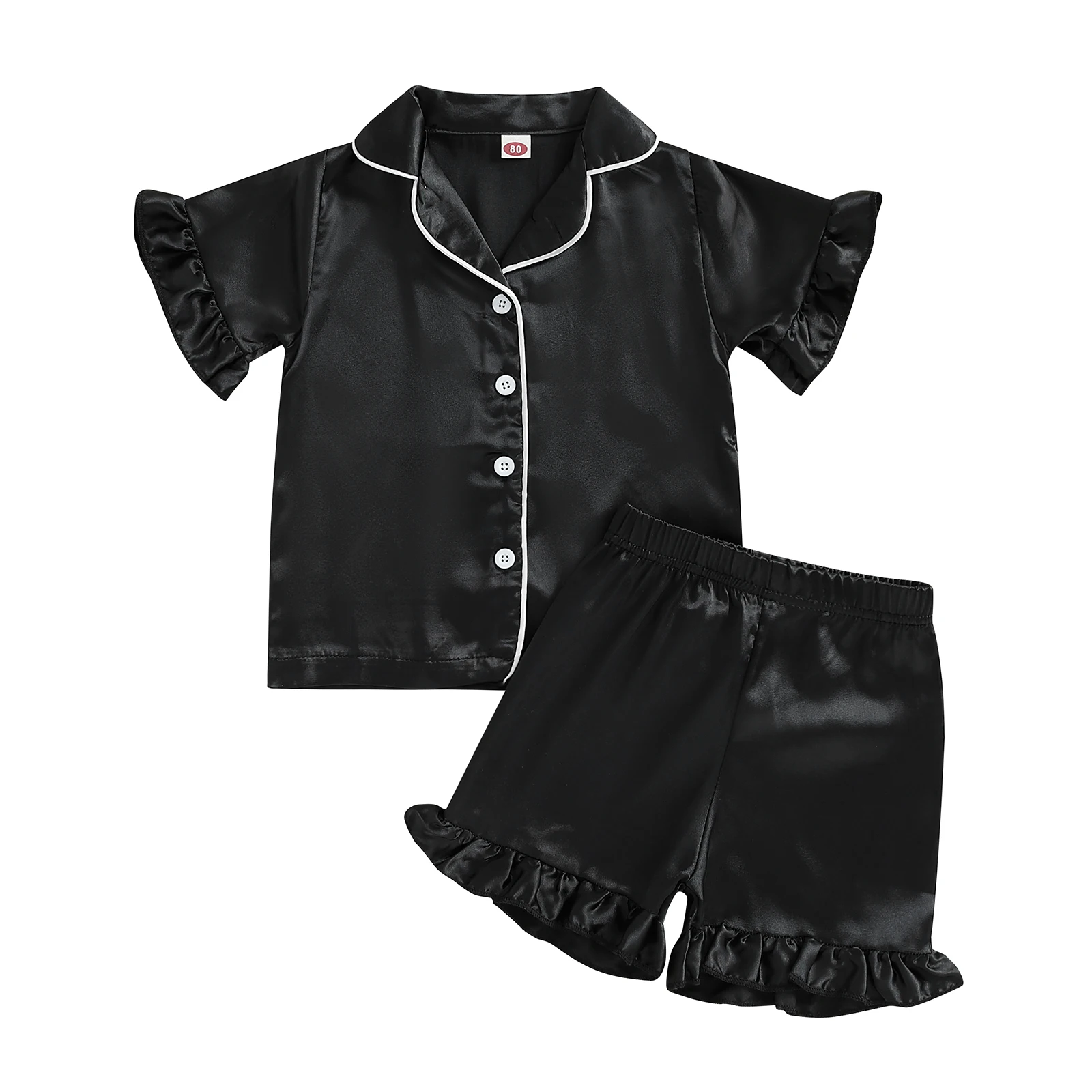 Toddler Girls Pajamas Sets Fashionable Ruffled Lapel V Neck Short Sleeve Tops with Solid Color Shorts 2Pcs Sleepwear