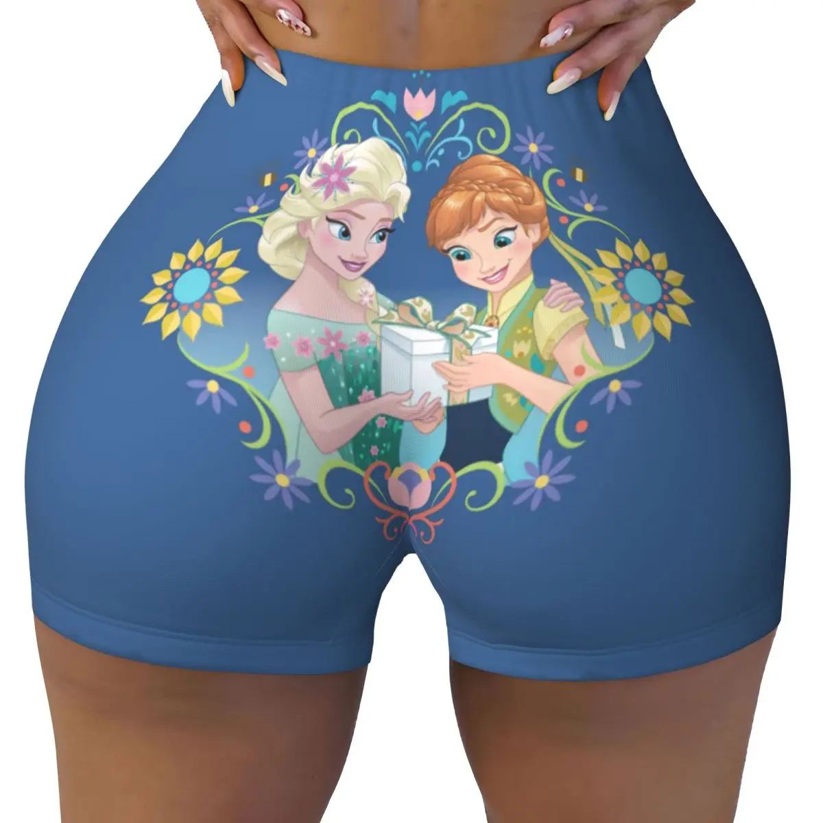 Custom Women's Frozen Anna And Elsa Gift For Sister Workout Yoga Shorts Athletic Gym Biker Running Shorts