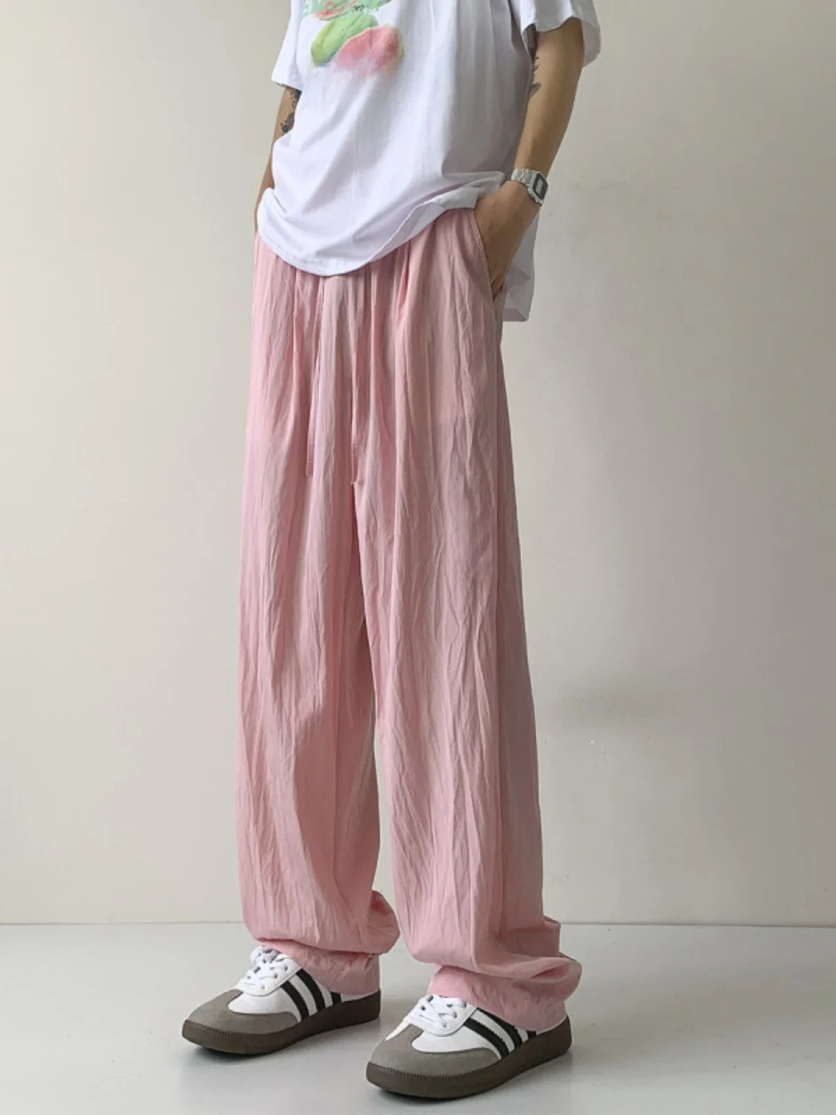 

Мужские летние тонкие брюки из ледяного шелка цвета вишневого цветка, прямые, повседневные, длинные, с защитой от комаров, широкие, свободного кроя, модные