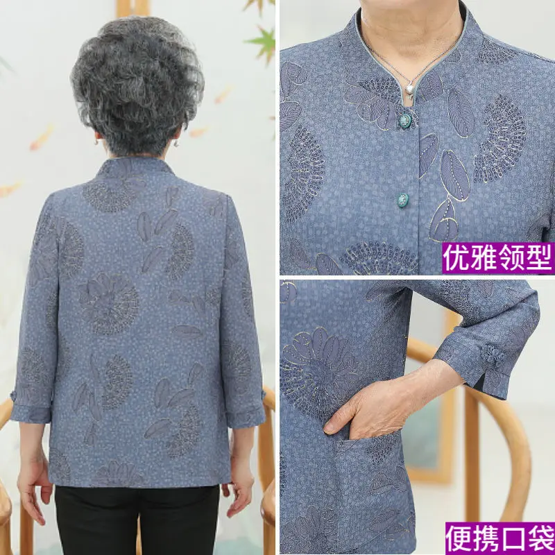 XL-5XL Elderly Women Blouse Spring Autumn Three Quarter Sleeves Print Shirts Casual Female Cardigan Tops Grandmother Blusa W178