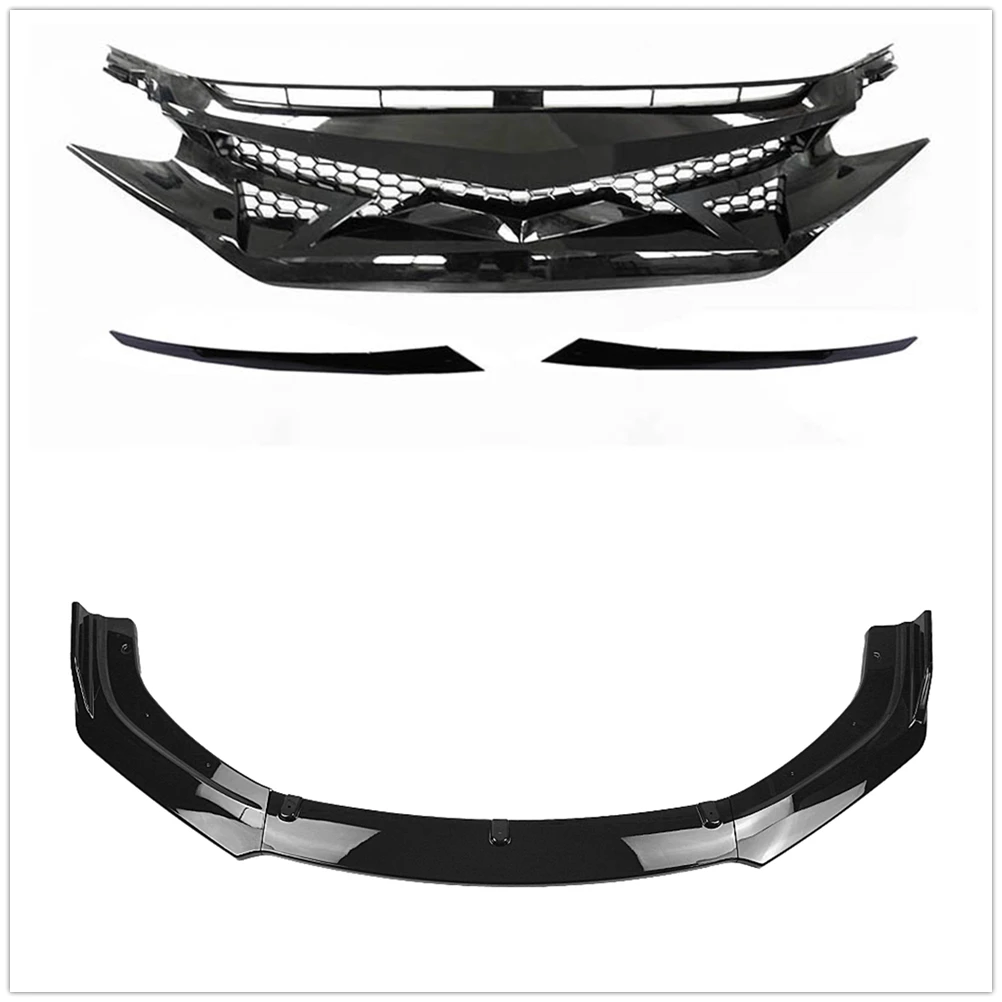 Car Front Upper Grill Hood Grille Mesh & Lower Spoiler Bumper Splitter Lip For Honda Civic 10 Gen 2016-2018