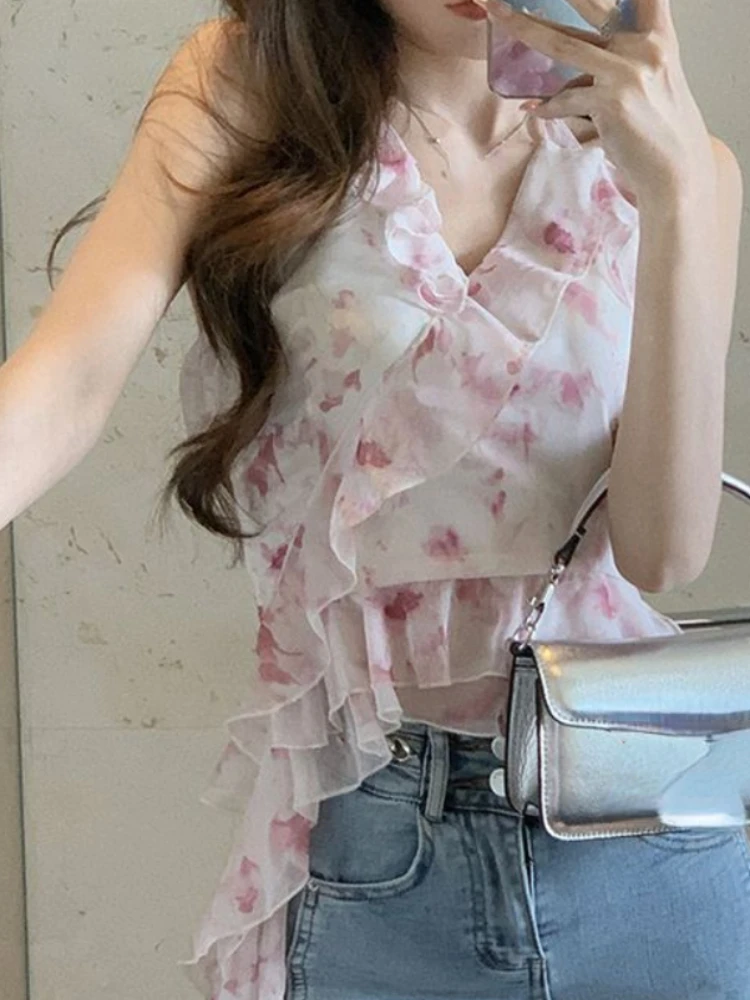 Pink Chiffon Korean Designer Vest Women Print Ruffles Elegant Sweet Tank Tops Female Holiday Causal Sexy HalterneckTops 2023 New