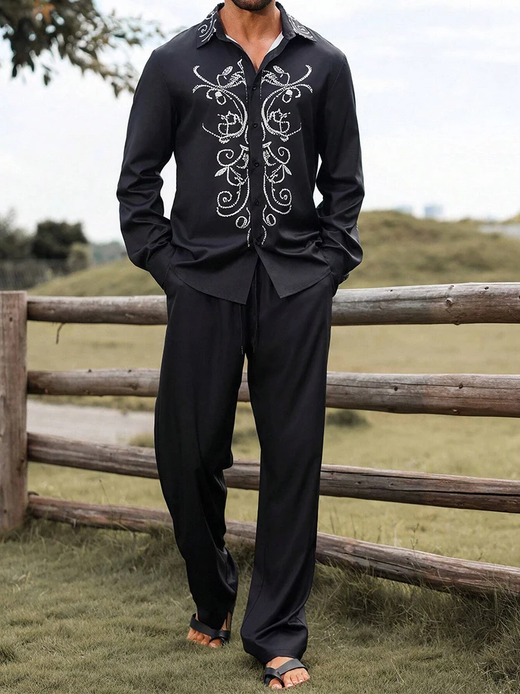 Trendy Mens Loose Two Piece Suits Vintage Pattern Printed Long Sleeve Shirt And Pants Sets Men 2025 Spring Autumn Casual Outfits