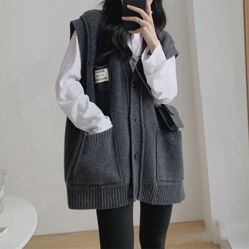

Autumn Winter Korean Women's Sleeveless Knit Cardigan - Casual Neutral Style Pocket Waistcoat Jacket V-Neck Loose Sweater Vest