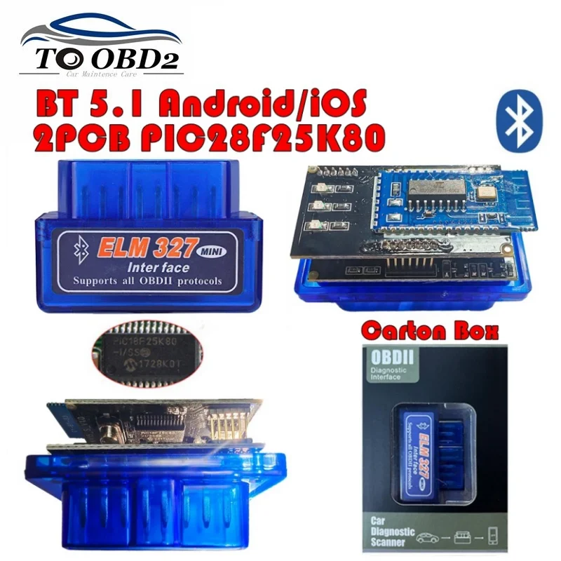 ELM327 Bluetooth 5.1 Mini ELM327 v1.5 With PIC18F25K80 Chip OBD2 Car Scanner Diagnostic Tool Code Reader For IOS Android Windows