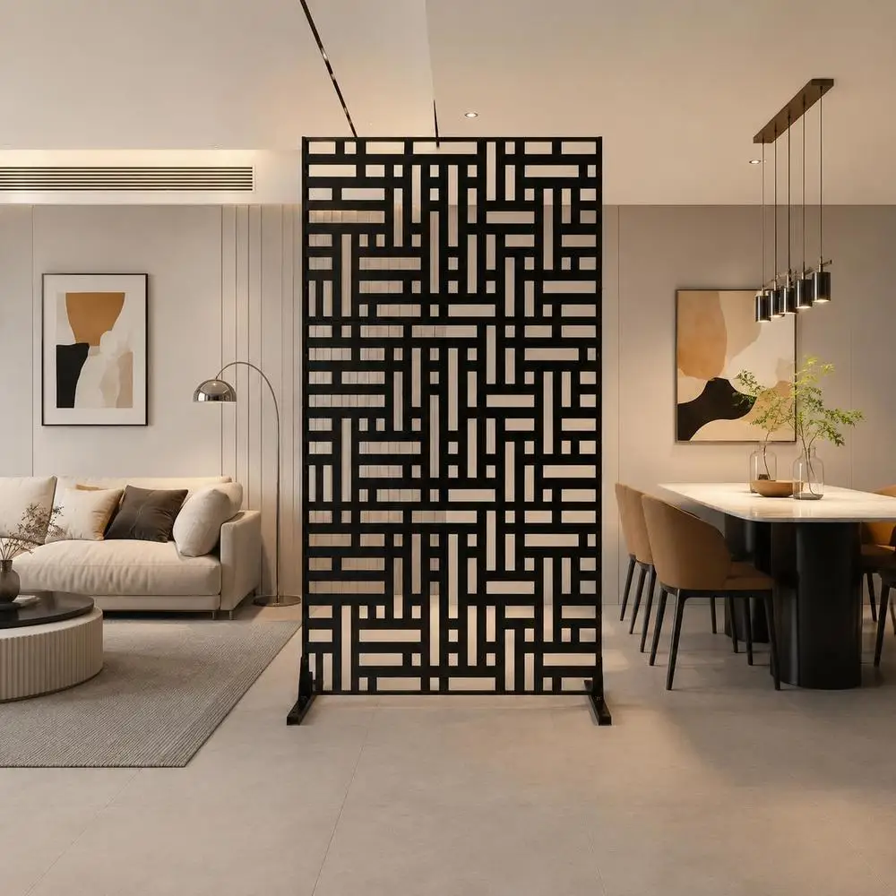 Paravent en métal 120 x 50 cm noir, cloison de séparation autoportante en trois parties avec support stable, protection de la vue pour balcon, terrasse, bain à remous, espaces intérieurs, zone de vie, séparation décorative de pièce