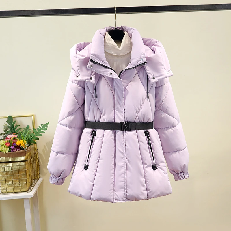 Jaket Wanita Musim Dingin Thiened Down Cotton dengan Topi yang Dapat Dilepas dan Sabuk Pinggang, Gaya Korea, Slim Fit, Panjang, Resleting