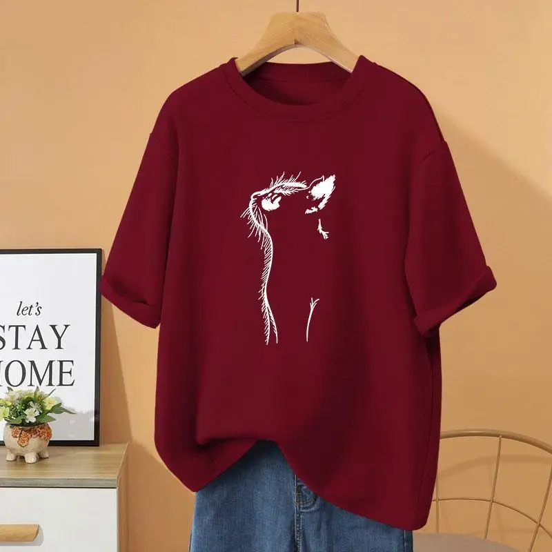 Summer Vintage Y2k O-neck Short Sleeve Top Tee, Women Clothing Cartoon Printed Basic Pullovers, Loose Casual Cotton T-shirt