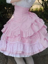 Vestido Lolita de algodón de cintura alta con volantes entrecruzados de encaje Rosa SK, vestido dulce