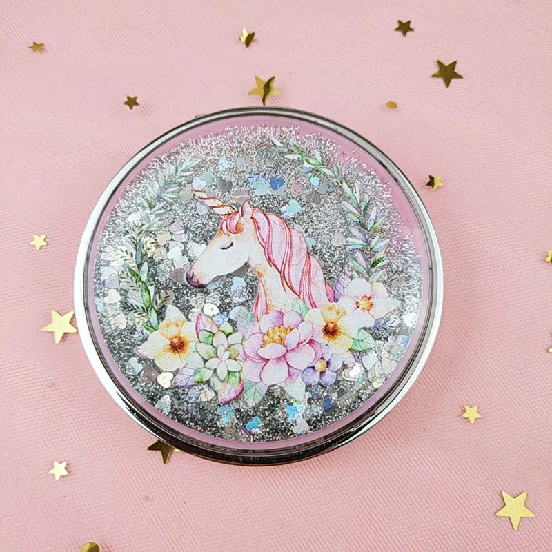 CX219 Cartoon Double-Sided Unicorn Makeup Mirror Compact Pocket Mirror Mini Folding Cosmetic Mirror Gifts with Flowing Sparkling