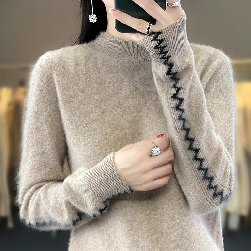 2023 Autumn Winter New 100% Merino Wool Women Half High Collar Sweater Knitted Pullover Long Sleeve Casual Top Clothes M-8138