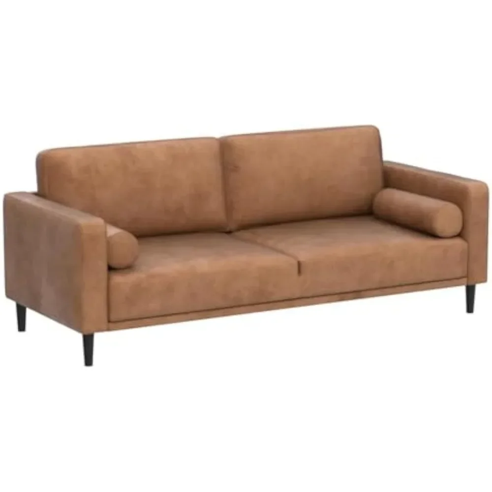 79” Mid-Century Modern Couch, Breathable Faux Leather Couch with Upholstered Cushions/Pillows, 3-Seat Brown