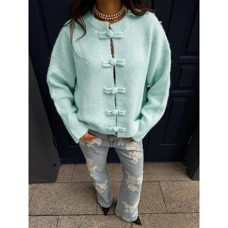 Retro Buckle Long Sleeved Sweater Cardigan Women'S O Neck Casual Multicolored Knitted Coat Loose Female Autumn Outwear