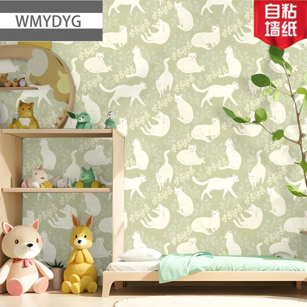 Cute Boho Cat Wallpaper Self Adhesive Removable Floral Wall Sticker Mural for Nursery Kids Room DIY Cabinet Decoration
