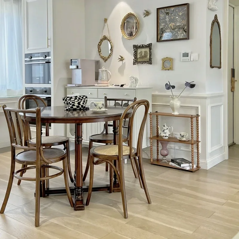 Madera maciza simple americana, mesa de comedor redonda y sillas pequeño apartamento, mesa familiar francesa, mesa redonda retro para sala de estar