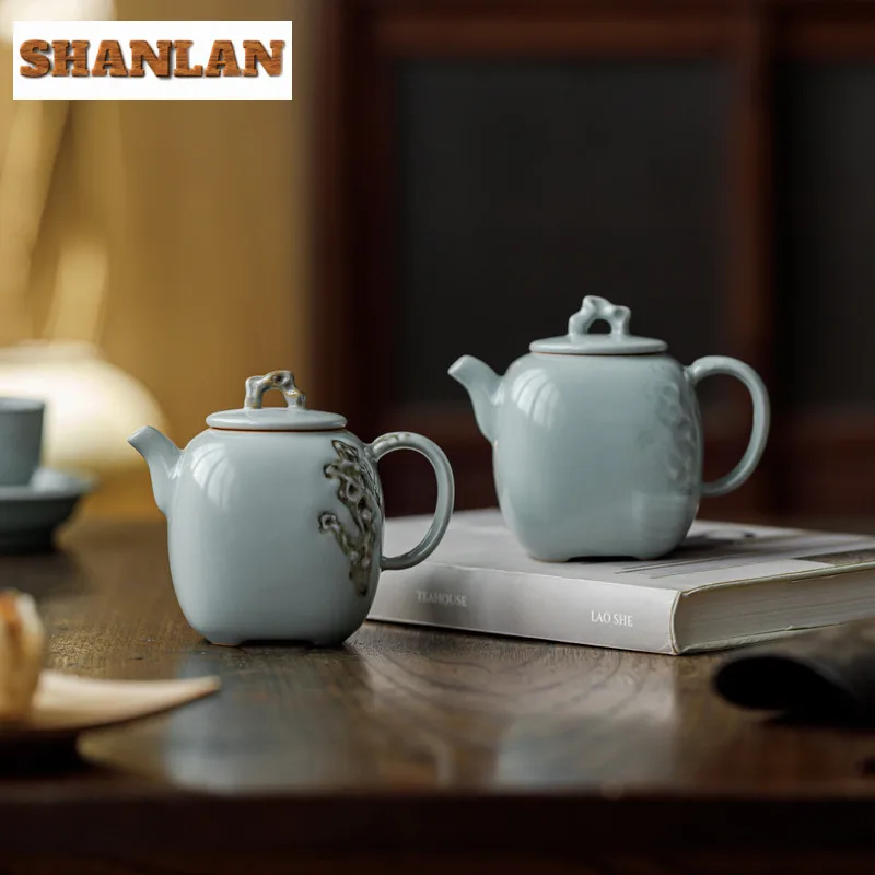 

180ml Handamde Relief Sky Blue Ru Kiln Square Teapot Boutique Tea Infuser Pot Tea Maker Kettle with Ball Hole Teaware Ornaments