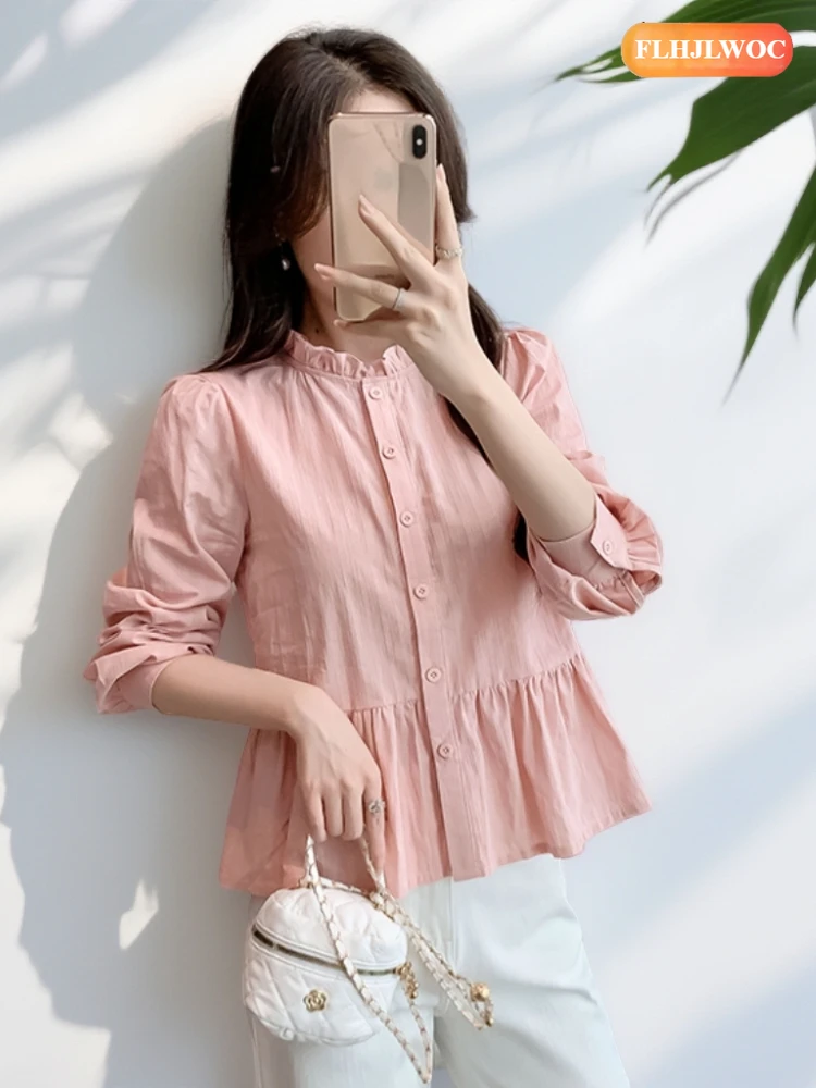 

Хлопковые топы, блузки, Новый год, весна 2026, милые однотонные рубашки в японском стиле для девочек с оборками на животе и баской, розовые базовые белые рубашки