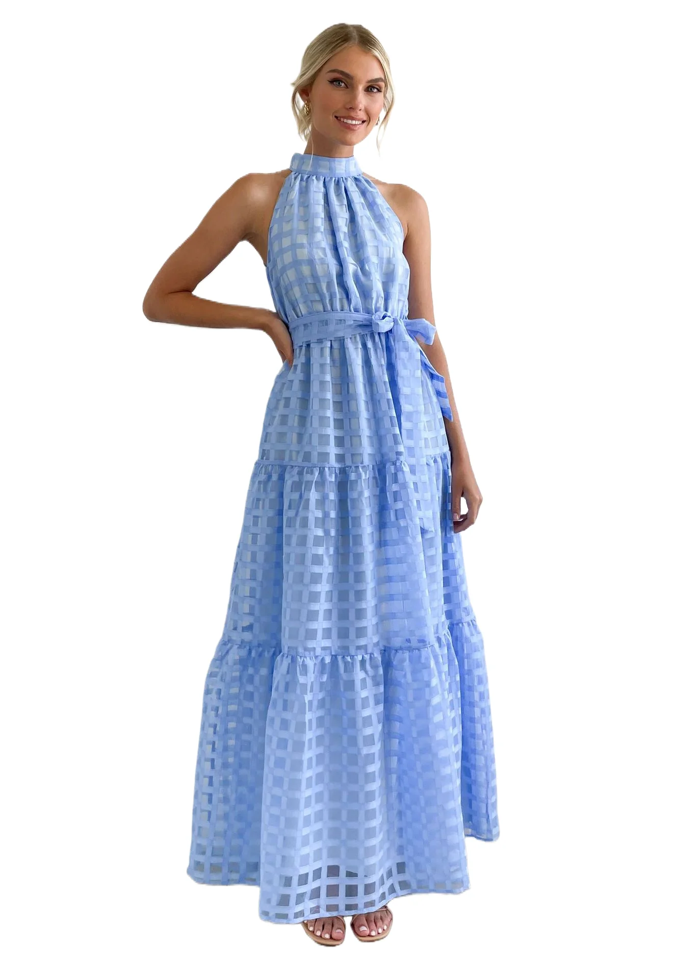 

Spring New Lattice Long Dress For Women Summer Casual Beach Off Shoulders Sleeveless With Belt Elegant Female Halter Dresses