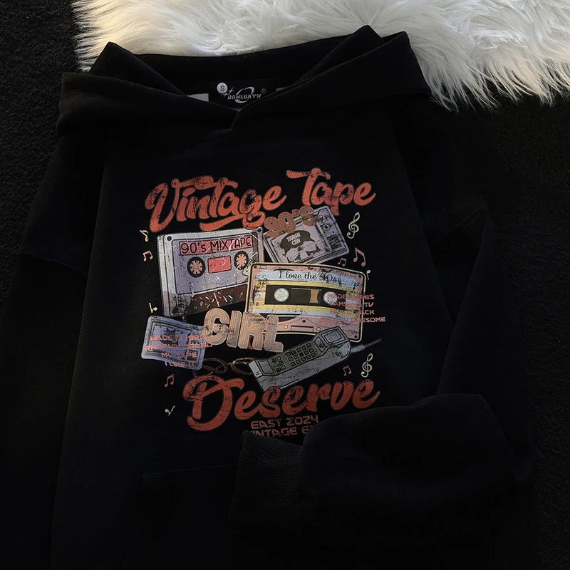 الأمريكية خمر الشريط طباعة مقنعين البلوز المرأة الخريف العصرية العلامة التجارية الهيب هوب فضفاض Bf تنوعا زوجين هوديي الأعلى