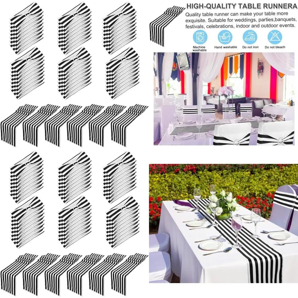 

Classic Black & White Striped Chair Sashes with Table Runners for Wedding and Party Decorations
