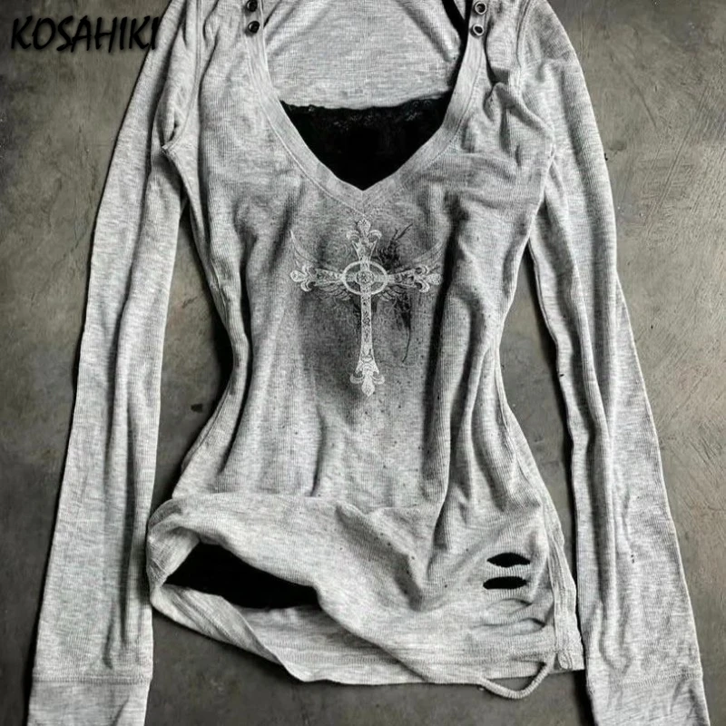 

Harajuku Cross Printing Vintage T-shirt Women Y2k Aesthetic Grunge Hole Tshirt Streetwear Slim Fit Autumn Button Tops Femme