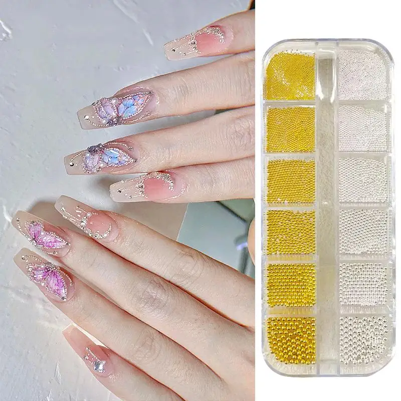 12 Gitter 0,6-2mm Gemischte Größen 3D-Design Nagelkunst Winzige Stahlperlen Gold Silber Schmuck Maniküre-Tipps Charm Mikrokugeln DIY-Dekoration – Detail 7