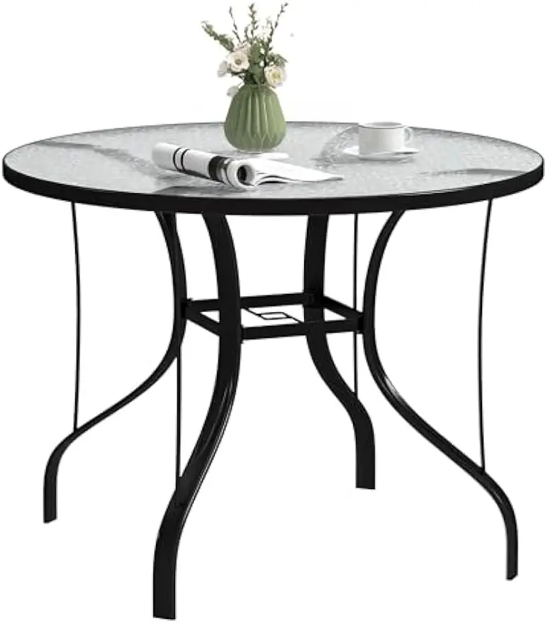 

38" Round Patio Table with Umbrella Hole, Outdoor Dining Table Tempered Glass Metal Frame Bistro Table, for Deck, Yard, Balcony