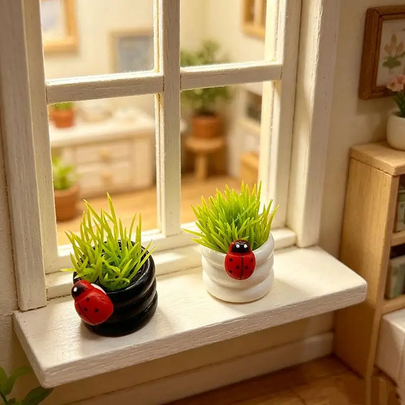 Realistic Miniature Potted Plant with Ladybug for Home and Office Enhancement