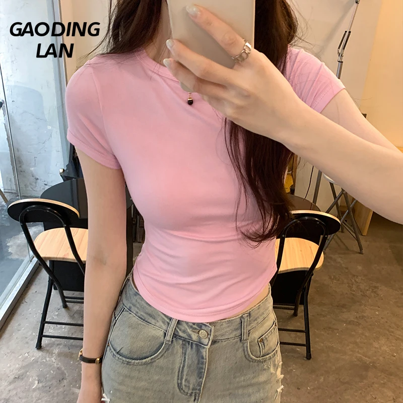 GAODINGLAN Solid Color Basic Bottoming Shirt Women Short Sleeve Slim Waist Sexy T-shirts Y2k Summer Hottie Tight Crop Tops Lady