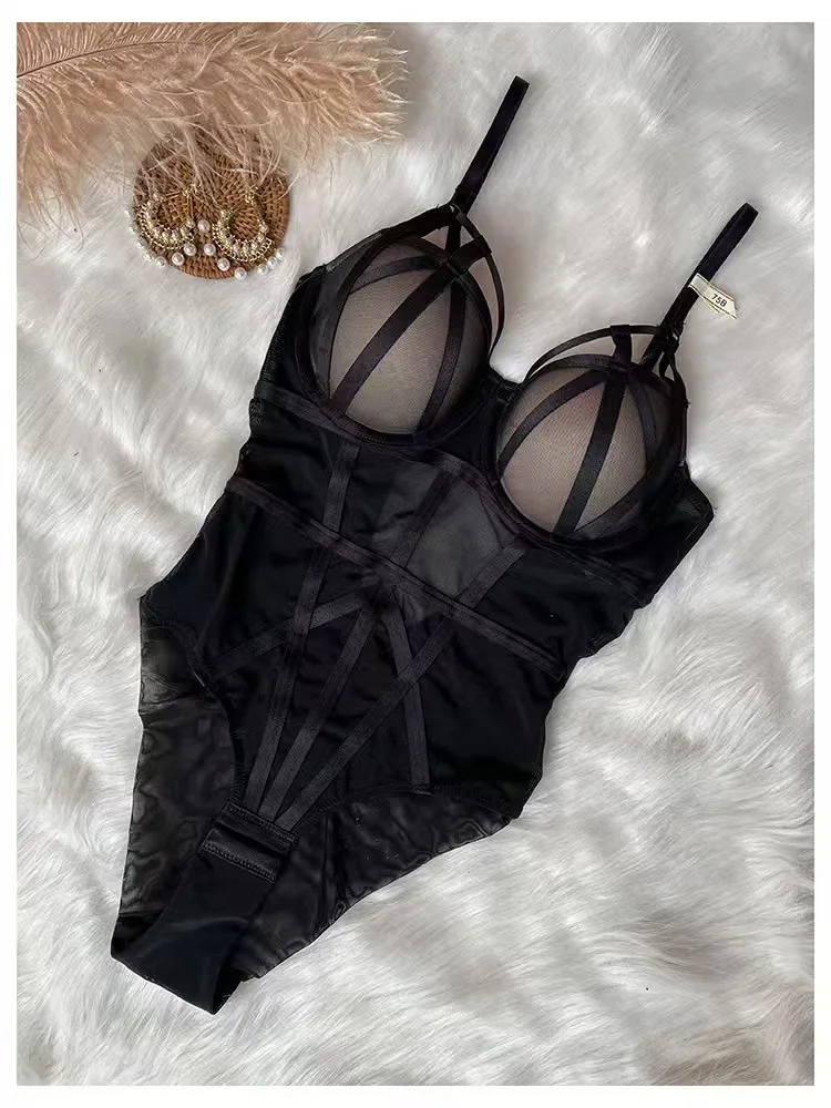 Body de corsé sexy ajustado para mujer, sin mangas, de gasa, con entrepierna abierta, mono corto, lencería de moda, camisola, romper liso
