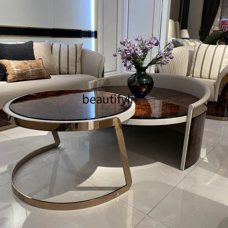 

Italian-Style Light Luxury Solid Wood Tea Table Large and Small Apartment Type Living Room round Tea Table Living Room Fashion