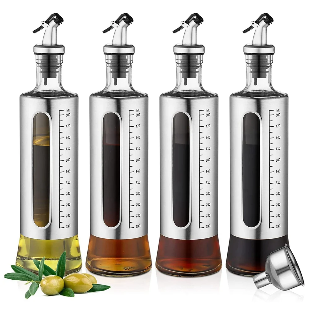 4 Pack Oil Bottle, 500Ml Olive Oil Vinegar Dispenser Bottle Set, Stainless Steel Glass Oil Dispenser with 1Pcs Funnel