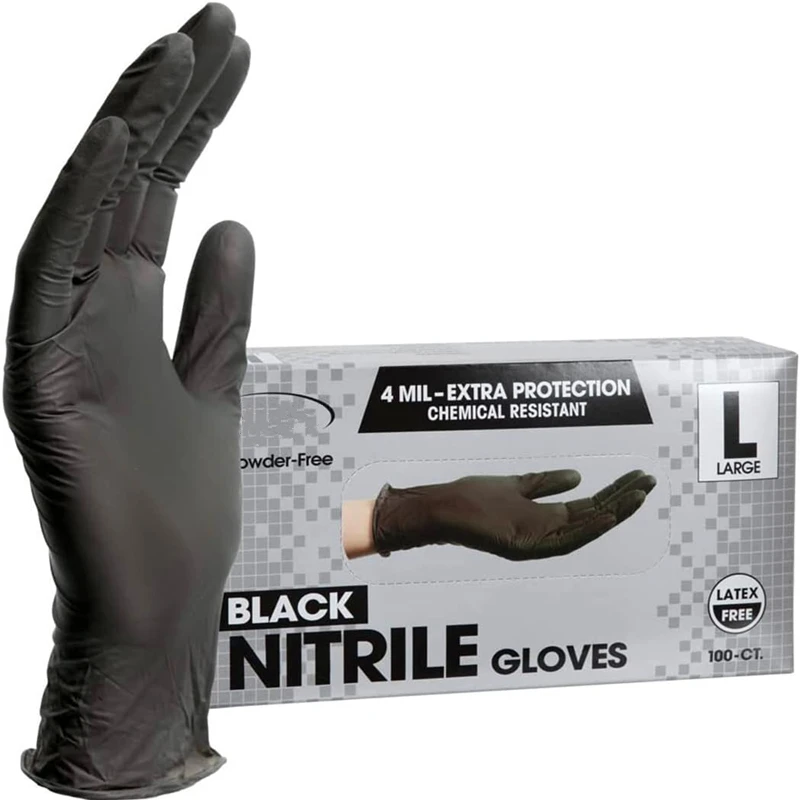 Disposable Black Nitrile Gloves 4-mil Non-Sterile Textured Household Cleaning Gloves for Industrial Cooking Esthetician Hair Dye