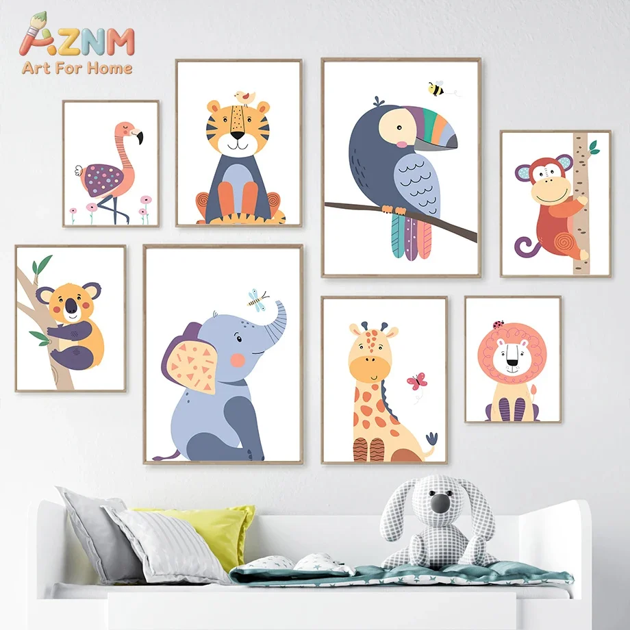 AZNM Cartoon Lion Koala Giraffe Jungle Animal Canvas Poster, Frameless Lovely Wall Art For Toddler Nursery Kids Bedroom Playroom