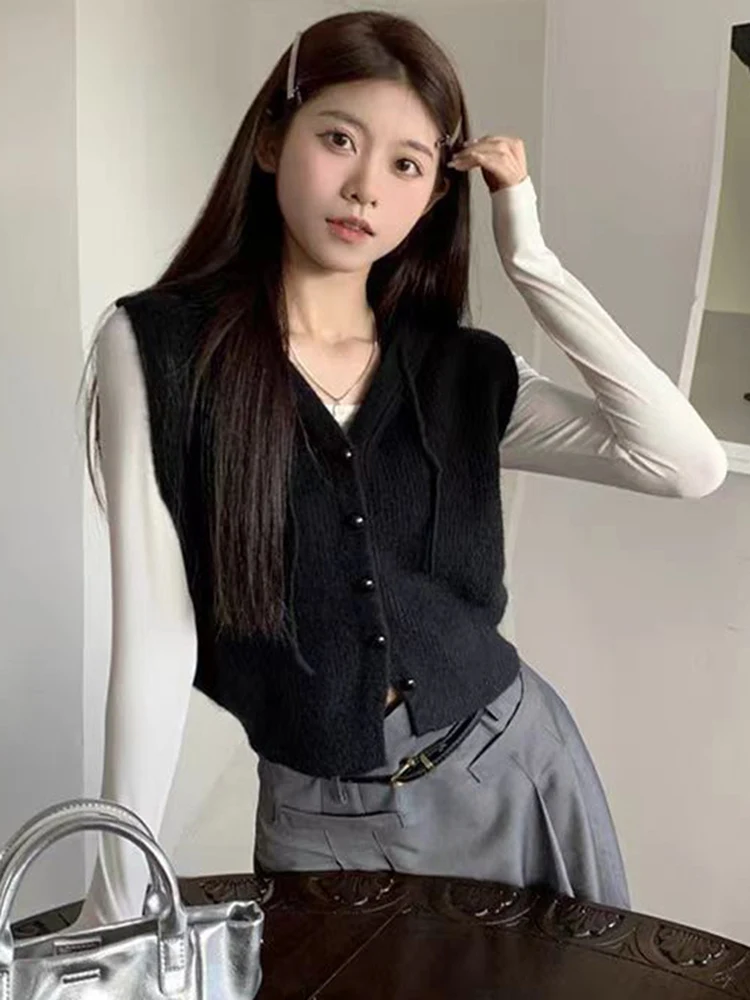

Korean Sle Color Hooded Svel Knitted Vest Women's Spring Autumn Base Layer Sweater Vest Versatile Slimming Top
