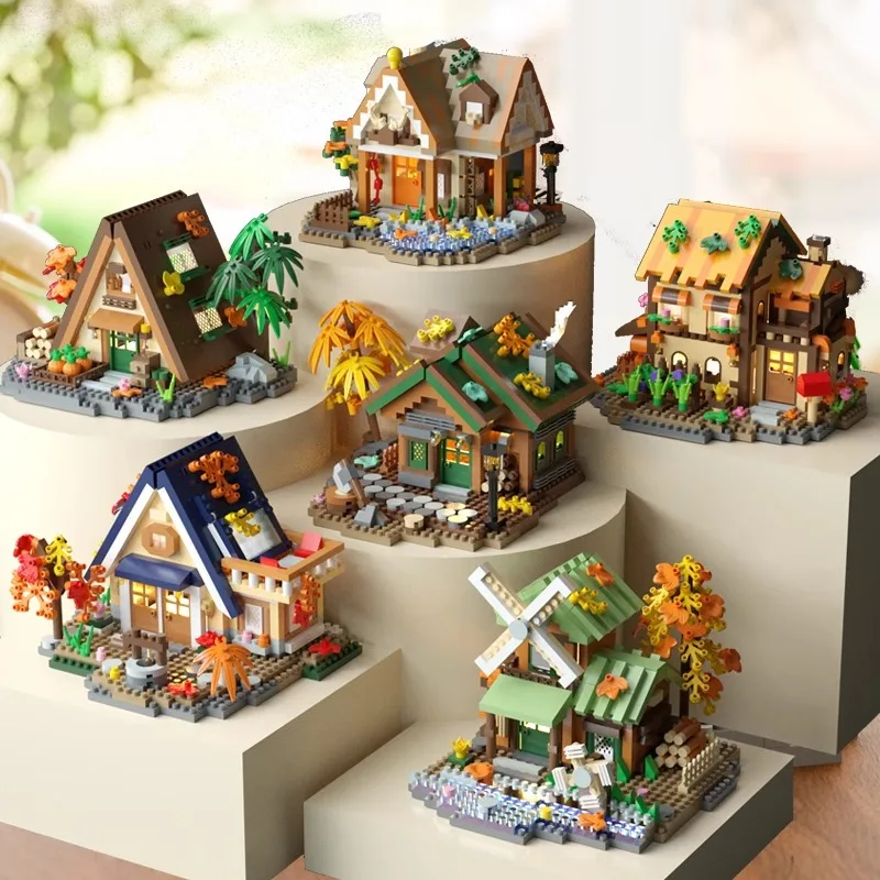 Creative House Mini Block Windmill Tree House Cabin Build Brick Outdoor Villa Forest Secret Realm Construction Toy With Light