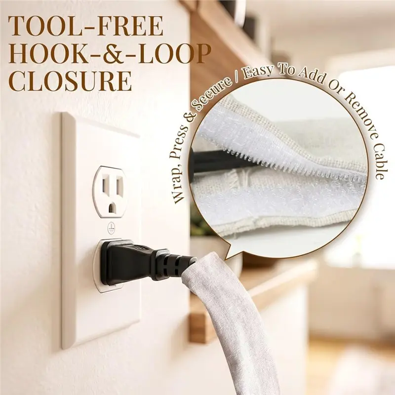 ABDJ-2Pack 6FT Linen Fabric Cord Covers Soft Hook-And-Loop Cable Sleeves Cleaner Home Décor Setup