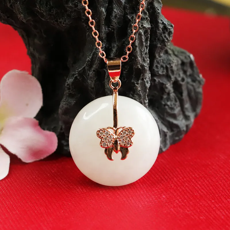 

White Hetian Jade Butterfly Ping An Kou Pendant Lucky Charm Necklace HT2071803