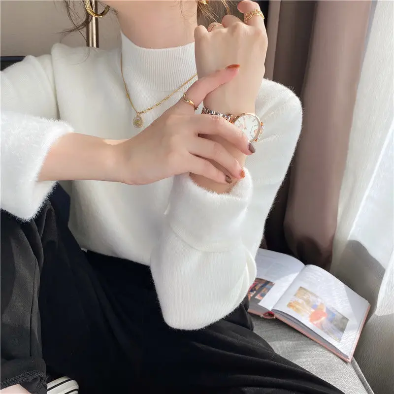 thickened half-high collar bottoming pullover women winter vintage solid flavor integrated fluffy clothing women