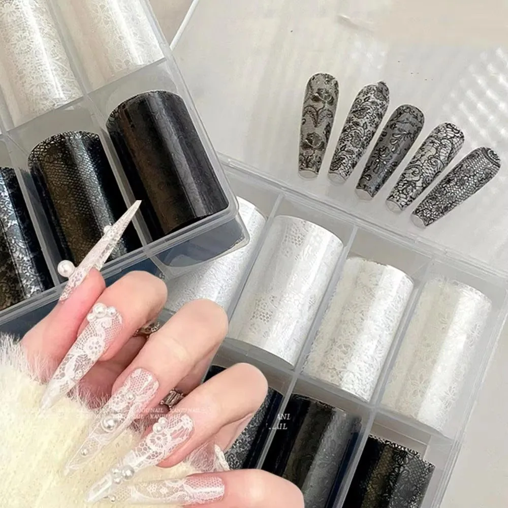 10 Rolls/Box New Black&White Lace Nail Transfer Stickers Sexy Lace Flower Full Wraps Nail Decals DIY French Manicure Decorations