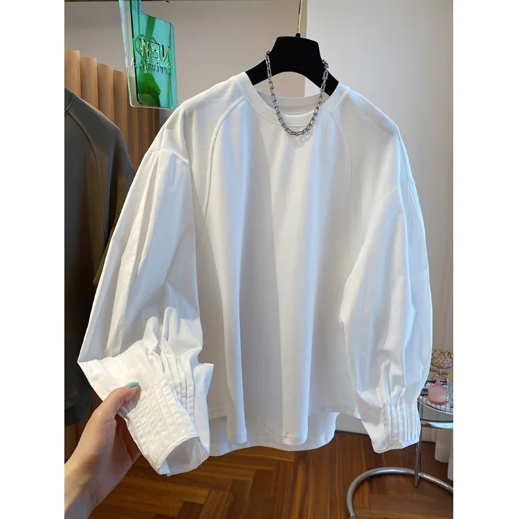 

New Loose White Cotton Long Sleeve Shirt Women's Early Autumn T-Shirt Underwear Pure Cotton Base Shirt Top Splice Sweatshirt