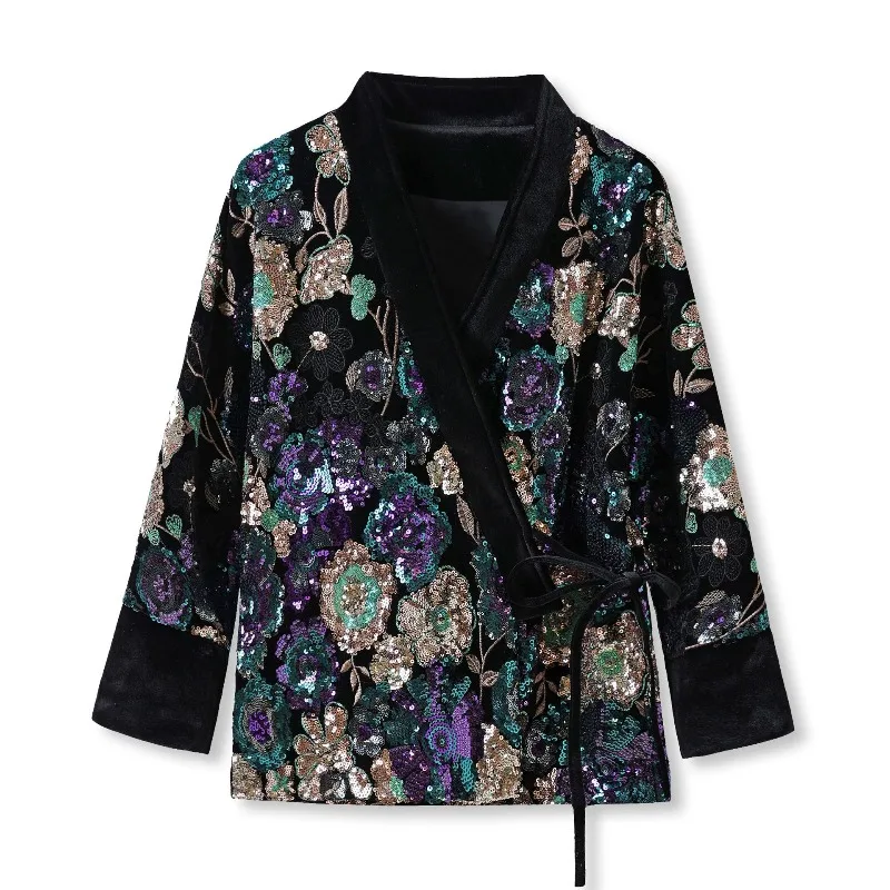 2025 New Chinese Embroidery Blazer, Luxury Sequin Floral Jacket Women's Purple Multi-Color Bloom Coat Elegant