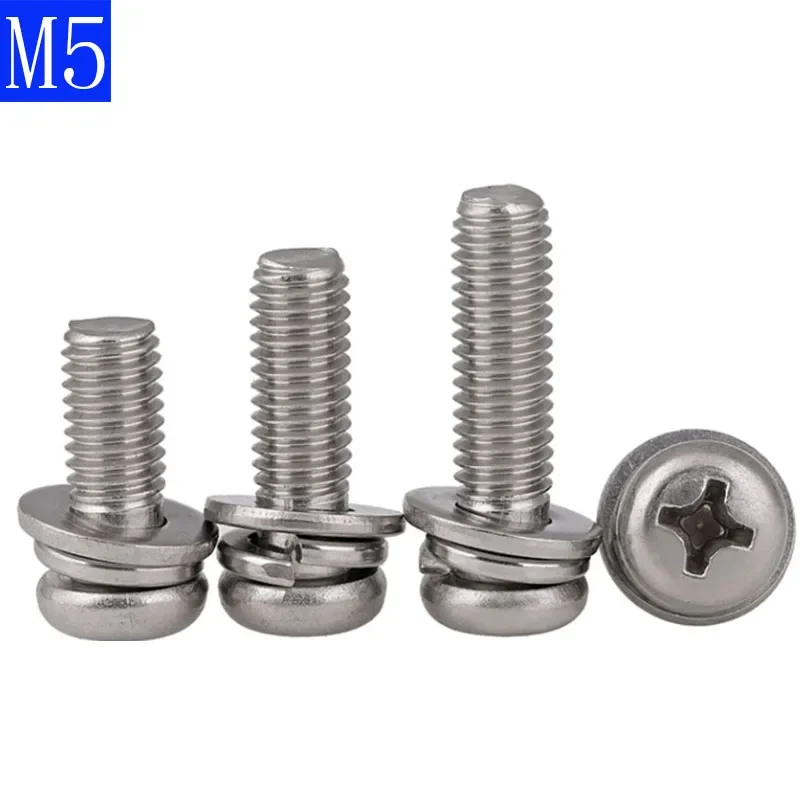 M5 - 0.8 5mm  304 Stainless Stell Cross Recessed Pan Head Screw, Spring Lock Washer and Plain Washer Assemblies Phillips