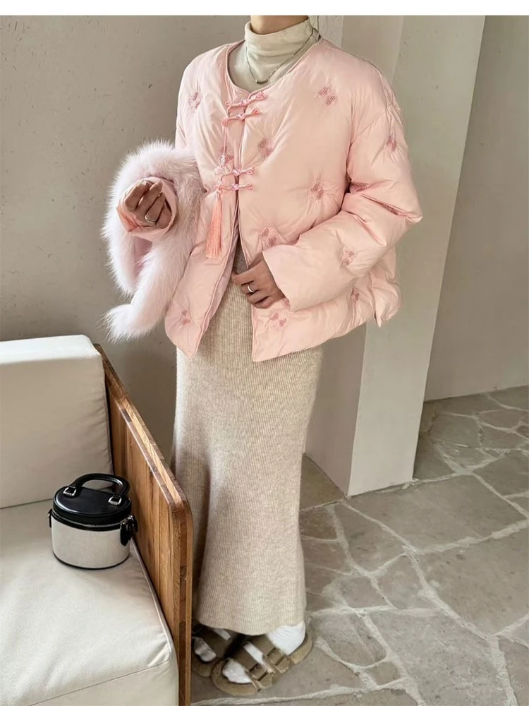 شتاء جديد النمط الصيني وشاح مع فرو الثعلب أسفل سترة المرأة مزاجه المطرزة أنيقة بطة بيضاء أسفل سترة #5