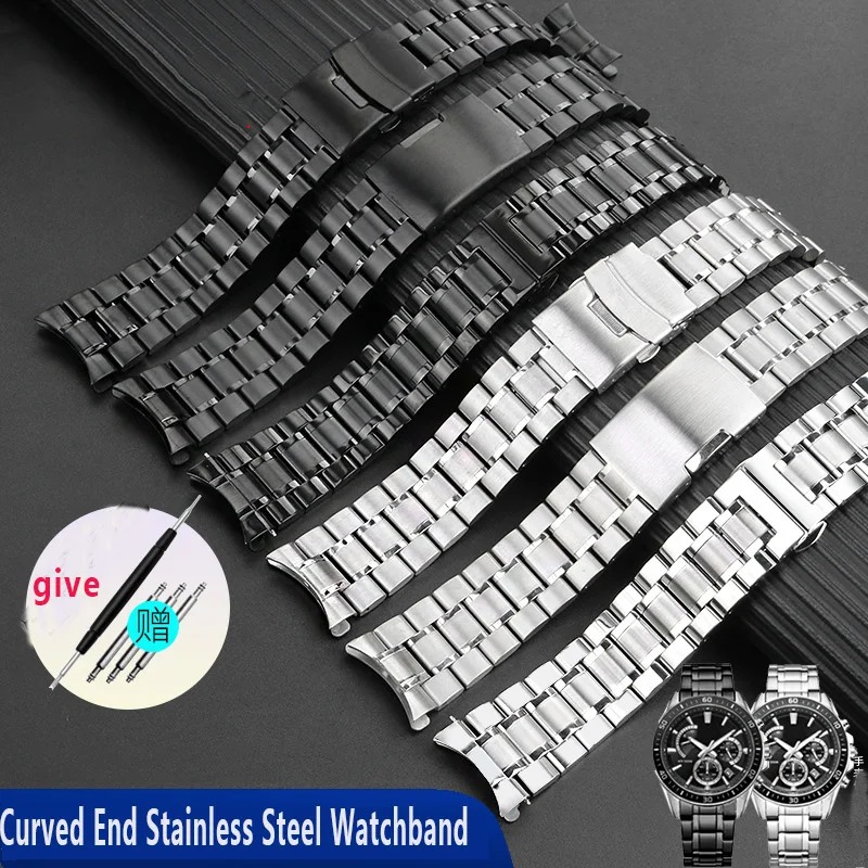 For Seiko Timex Citizen Casio Curved End Stainless Steel Strap Men 20mm 22mm High Quality Metal Watchband Watch Chain Bracelet
