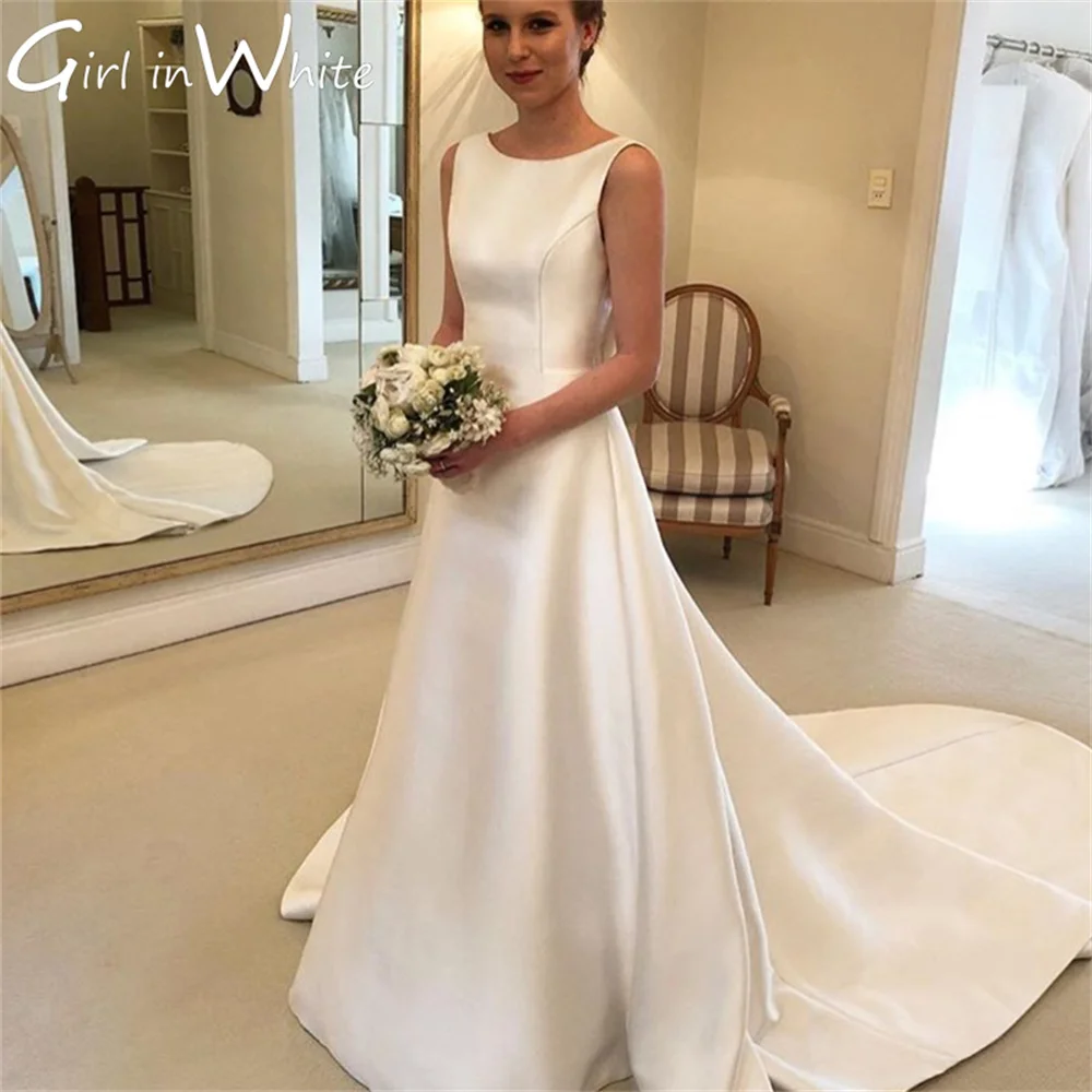 

New Simple O Neck A Line Wedding Dresses With Bow Back Sleeveless Bridal Gowns Satin Bride Robes Backless Vestidos De Novia