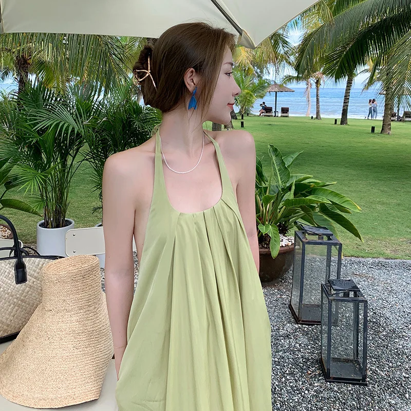 Hong Kong style retro sexy halter halter dress loose meat shield slip Green beach holiday slimming dress