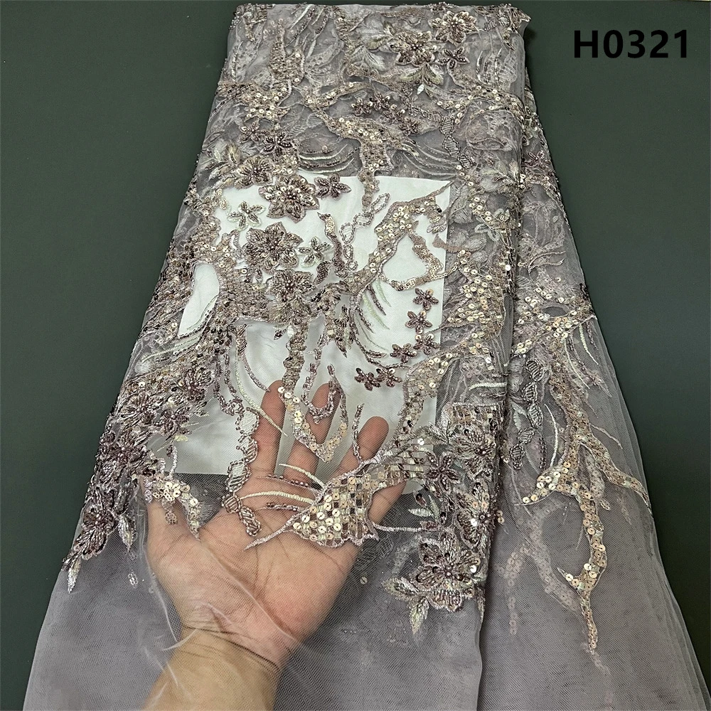 High Quality 2024 Latest African Nigerian Tulle Lace Fabric  Sequins Sewing Guipure Beads Stone Embroidery Dresses 5yards H0321