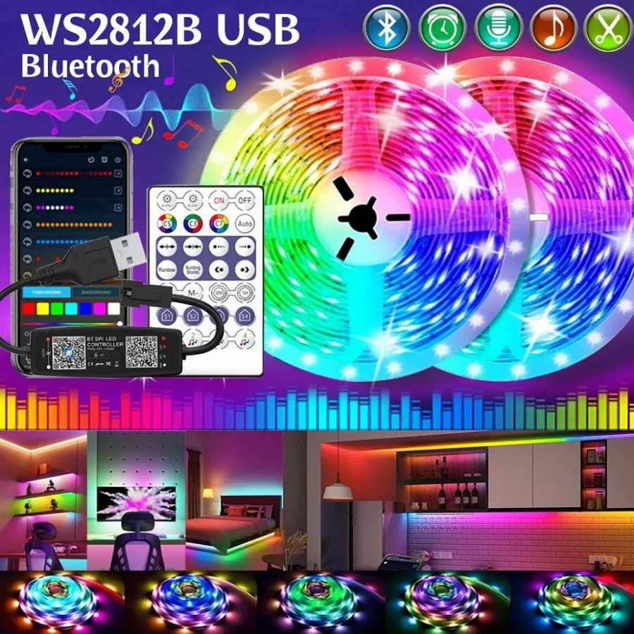 WS2812B RGBIC Bluetooth LED Strip Lights 1-30M 5050 RGB Tape Diode Elastyczna wstążka DC5V Podświetlenie TV Dekoracja pokoju gier