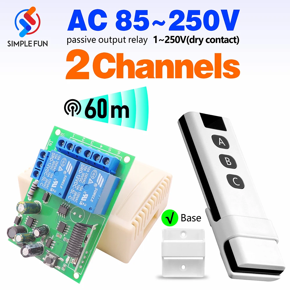 

433MHz Universal Wireless Remote Control Switch 110V 220V 2CH Relay Module and 60m Transmitter for Light/Garage Gate/Crane/DIY